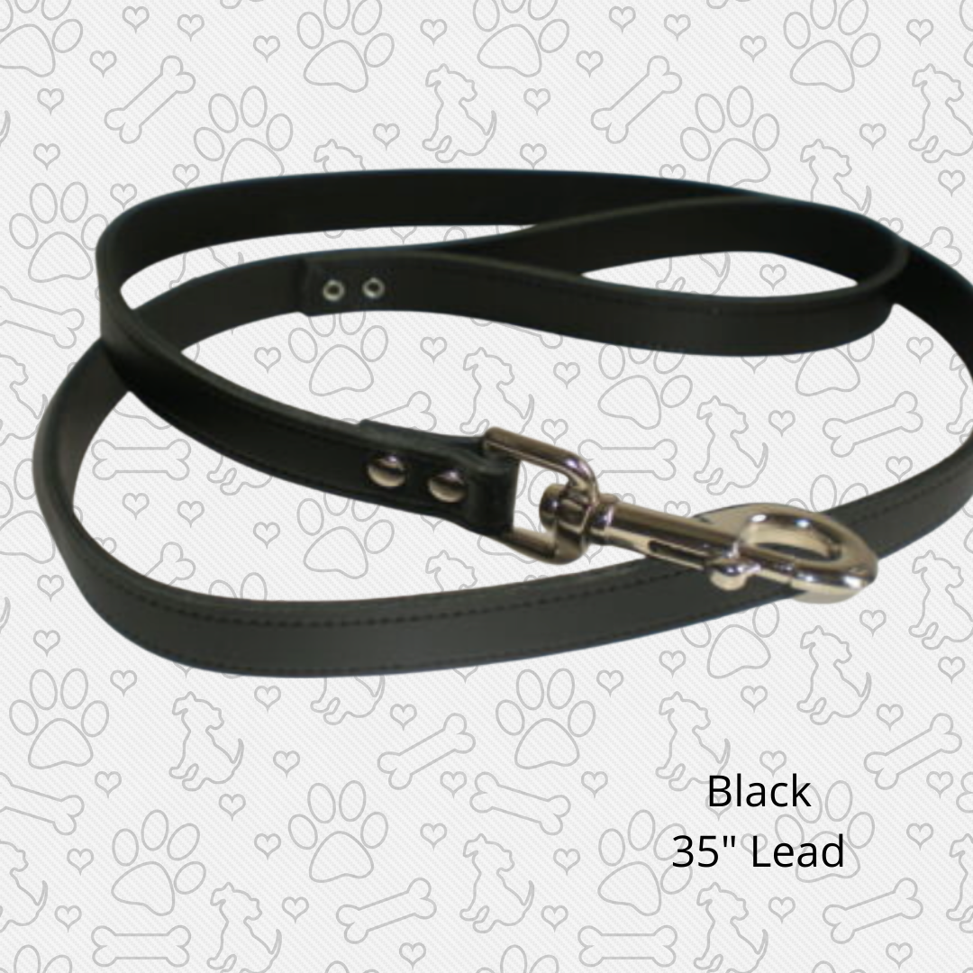 black 35" leather dog lead, matching collar available.