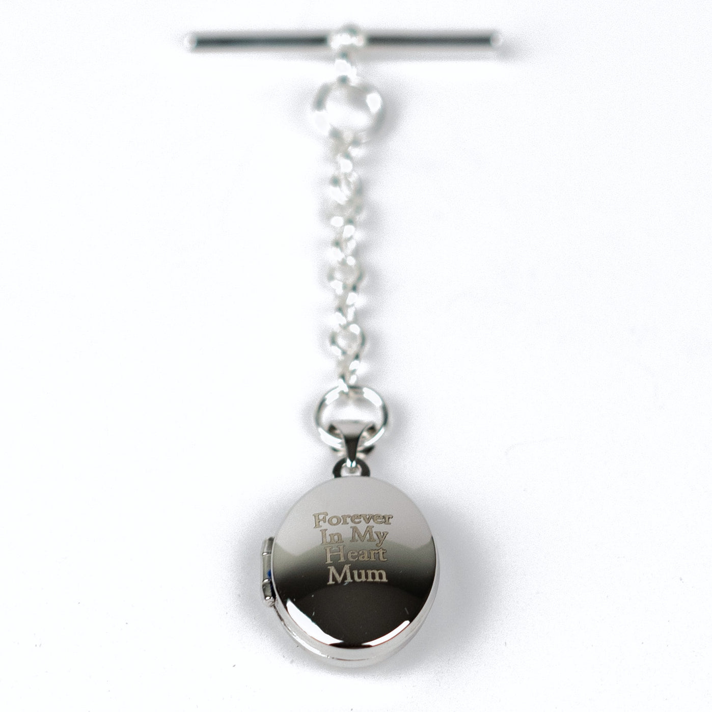 Sterling silver locket engraved with the message of your choice, shown with t-bar fastening