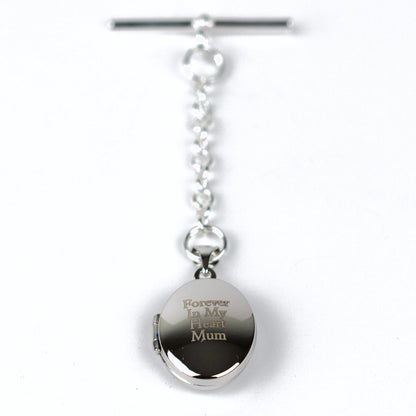 Sterling silver locket engraved with the message of your choice, shown with t-bar fastening