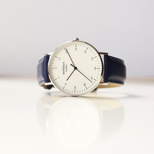 mens watch with white face and admiral blue strap