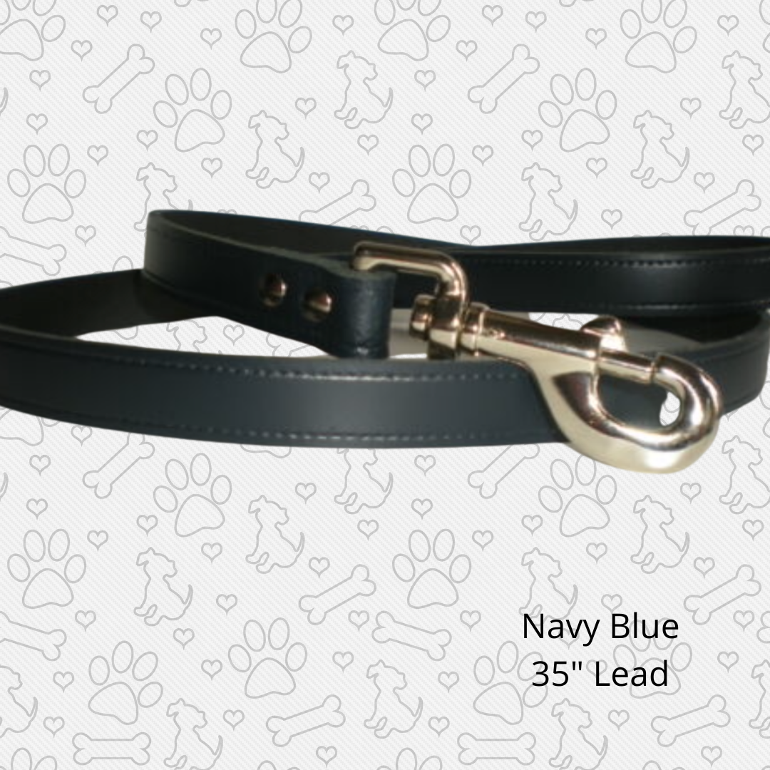 navy 35" leather dog lead, matching collar available.
