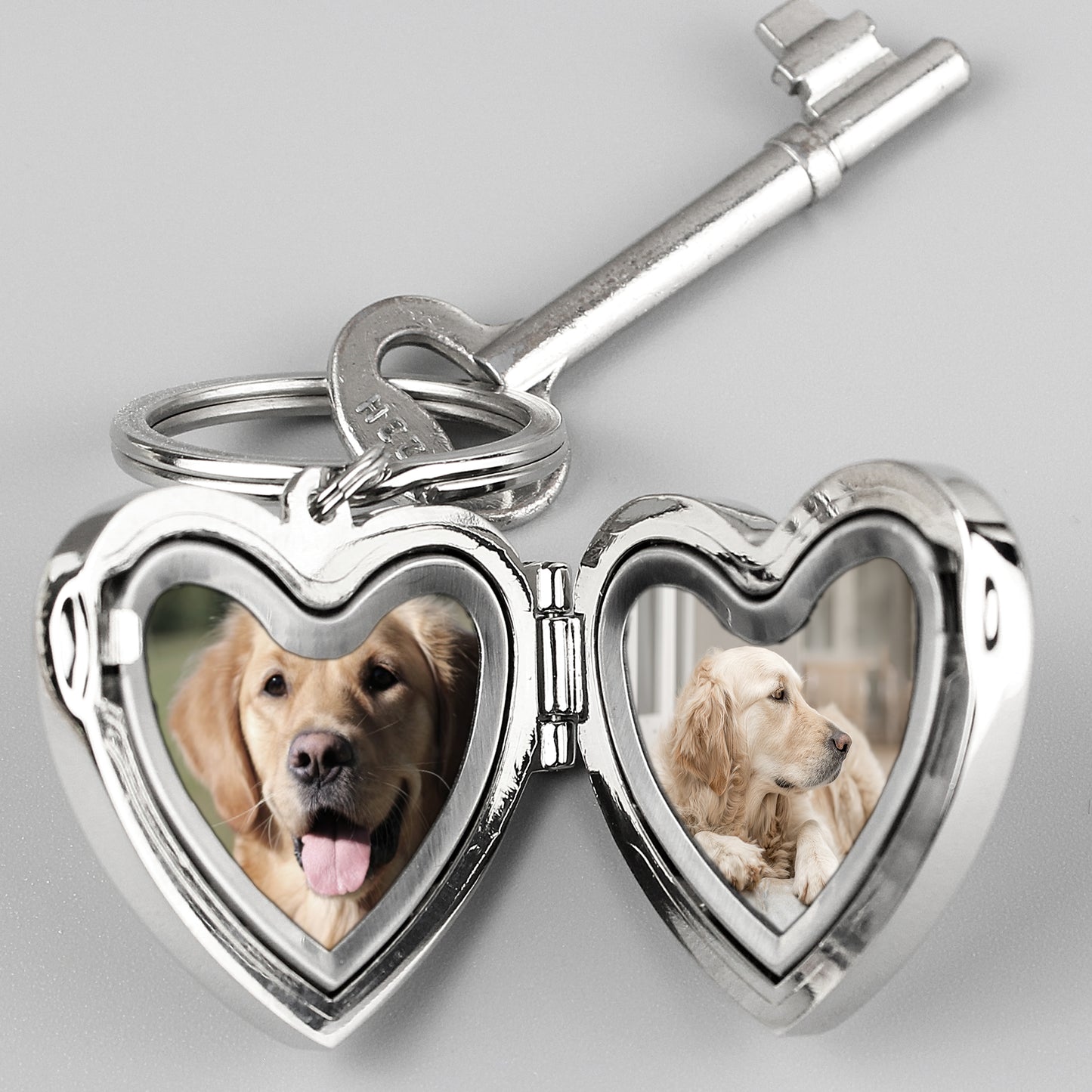 Personalised-pet-photo-locket-key-ring-shown-open-to-hold-two photographs
