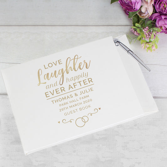 happily ever after guest book personalised with your own wedding details and complete with pen and stand