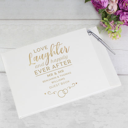 happily ever after guest book personalised with your own wedding details and complete with pen and stand