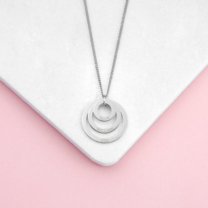 Three ring necklace shown in silver finish, each graduating-sized ring bears an engraved name of your choice,