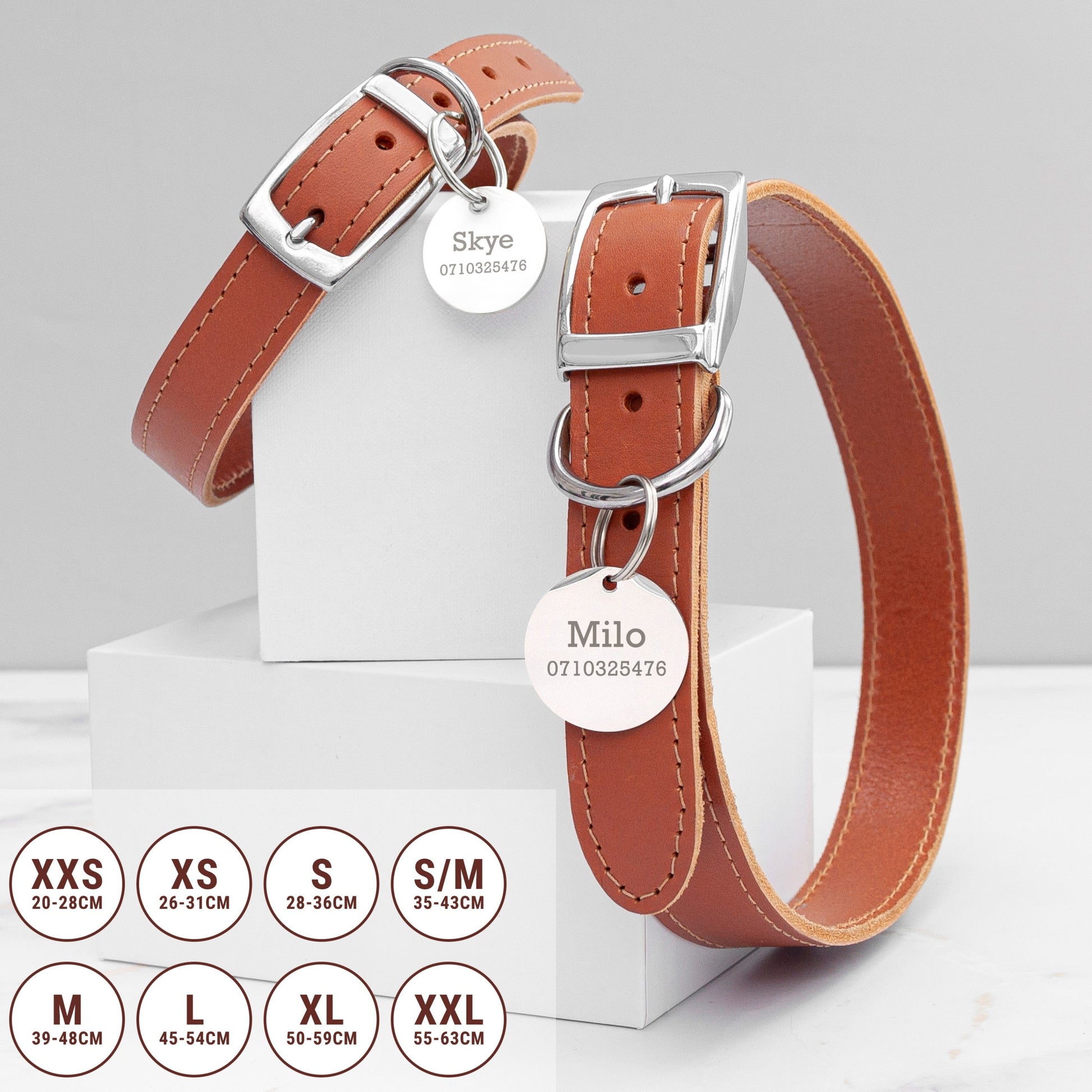 Tan leather collars are shown with size guide