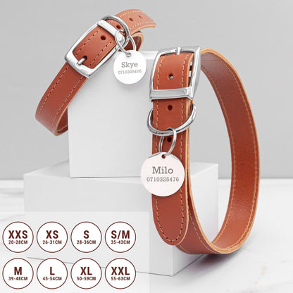 Tan leather collars are shown with size guide