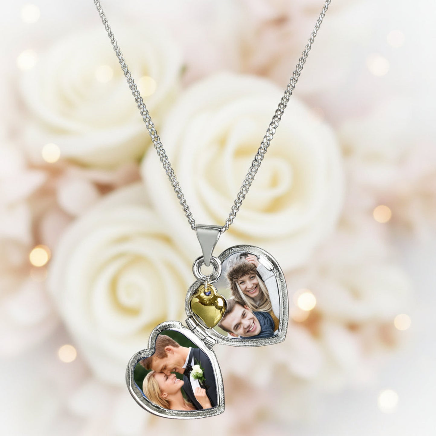 heart shaped locket with a tiny diamante on the front and engraved with a name of your choice in script font. The locket carries a tiny gold plated  heart. The locket can take up to two photos. Sterling silver chain.