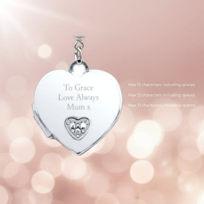 The heart shaped locket allows for up to three lines of text. The first two lines are a maximum of 12 characters each, including spaces. The third line is up to 10 characters including spaces