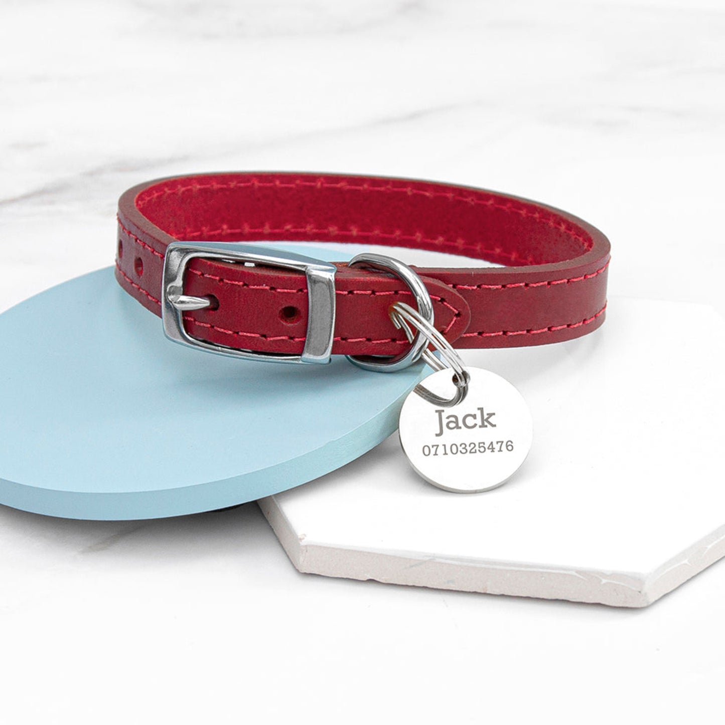 red leather dog collar with personalised tag