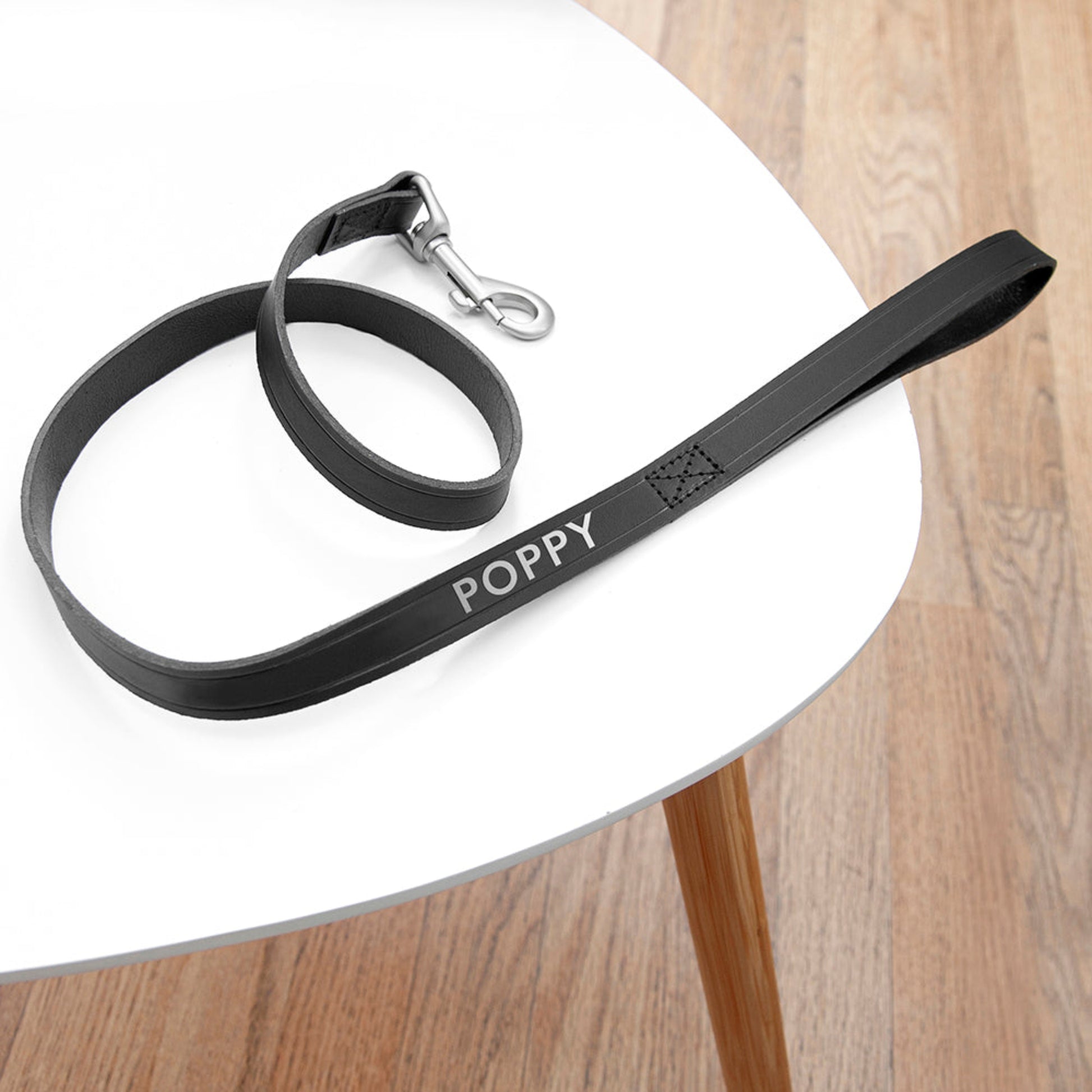 Black leather lead personalised with your dog's name up to 10 letters