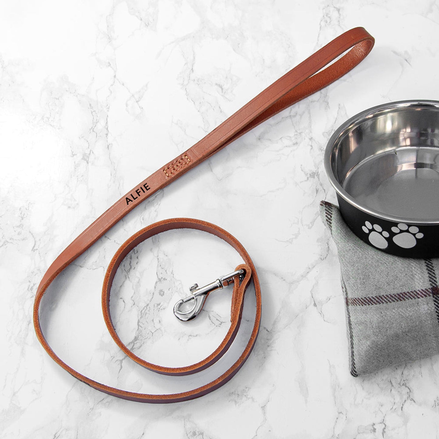 Brown leather lead personalised with your dog's name up to 10 letters