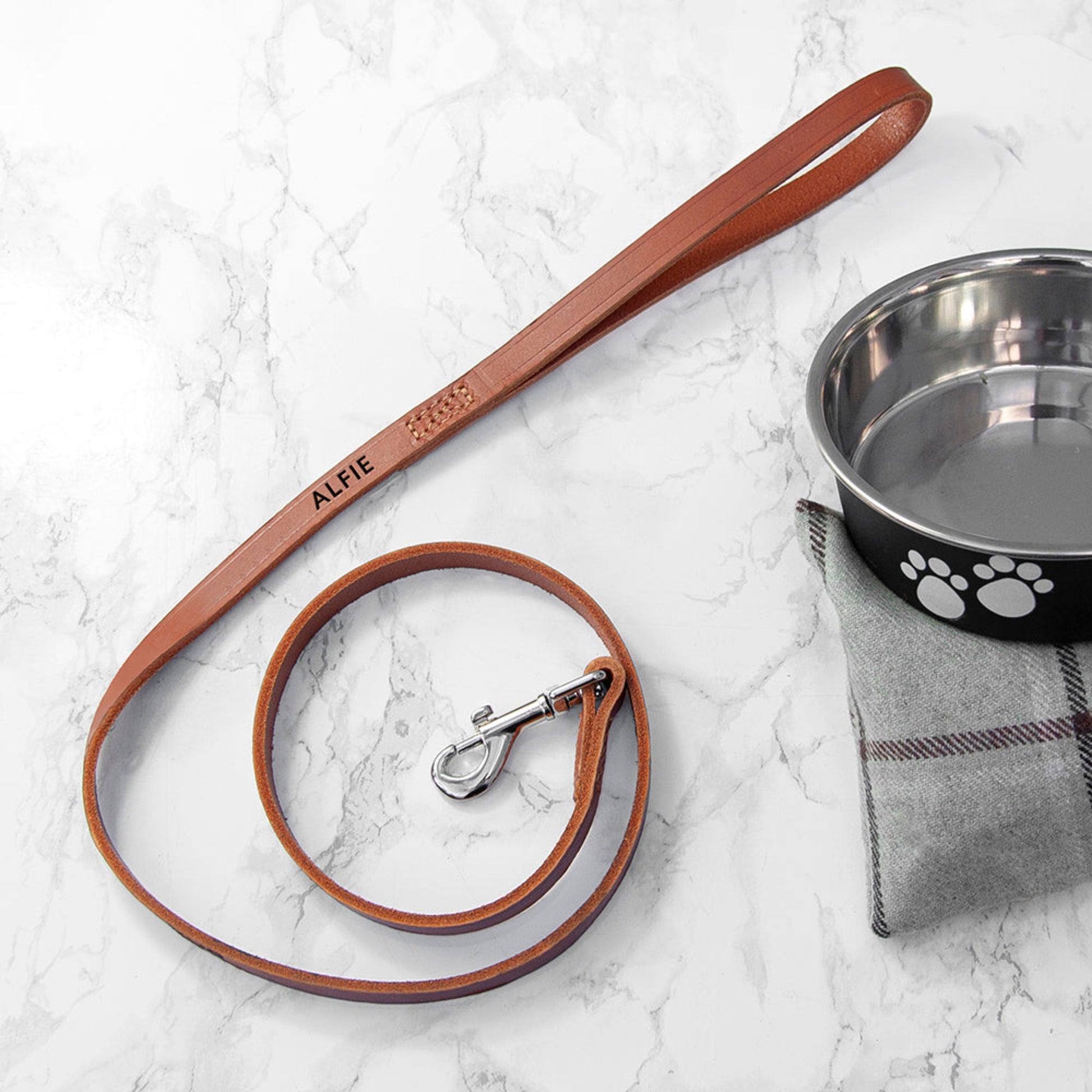Brown leather lead personalised with your dog's name up to 10 letters