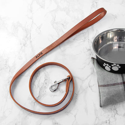 Brown leather lead personalised with your dog's name up to 10 letters